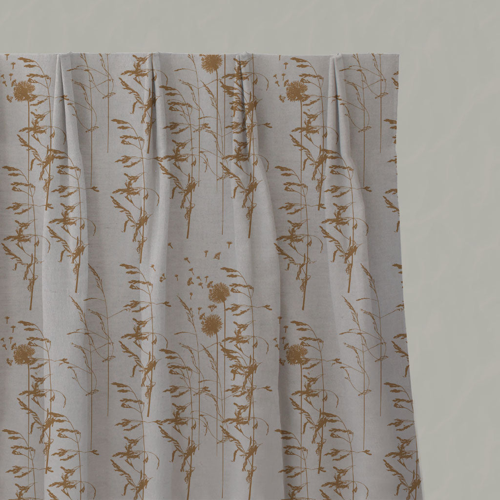Orange / Yellow Botanical Linen Pleated Curtains - Breeze Gold Ochre - Natural base fabric.