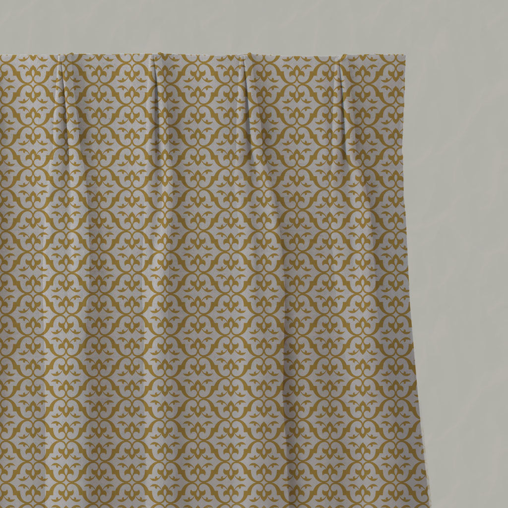 Yellow Patterned Linen Pleated Curtains - Brita Mustard - Natural base fabric.