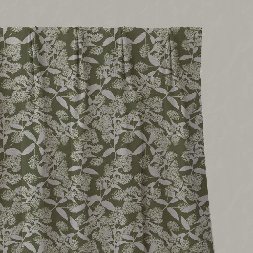 Green Floral Linen Pleated Curtains - Dagmar-INV Khaki - Natural base fabric.