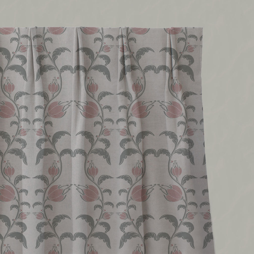 Pink Floral Linen Pleated Curtains - Dana Dusty Pink - Natural base fabric.