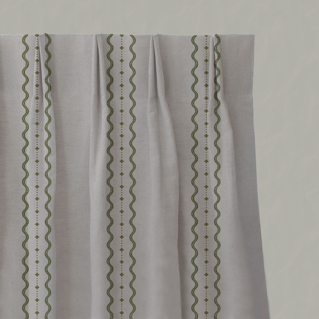 Green Striped Linen Pleated Curtains - Daphne Khaki - Natural base fabric.