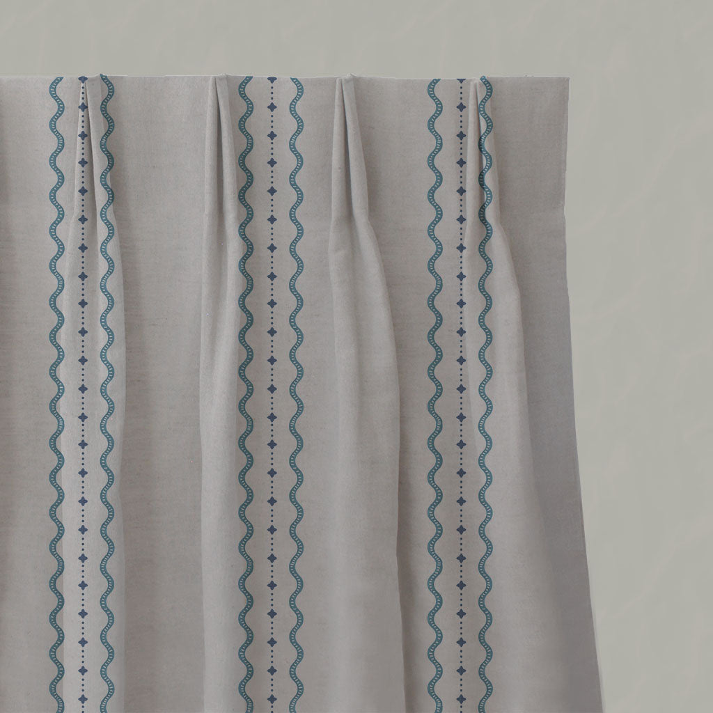 Blue Striped Linen Pleated Curtains - Daphne Marine Blue - Natural base fabric.