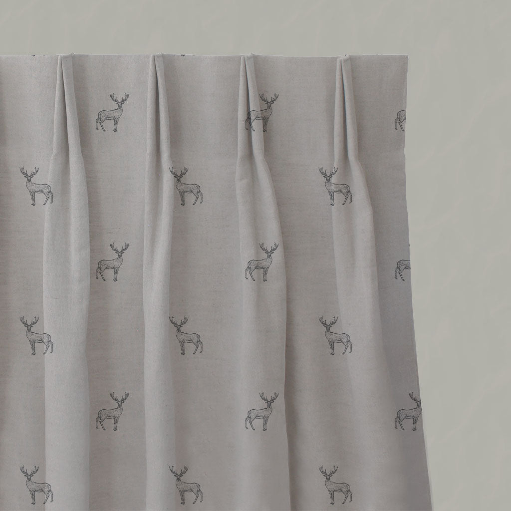 Grey Patterned Linen Pleated Curtains - Deer Ash - Natural base fabric.