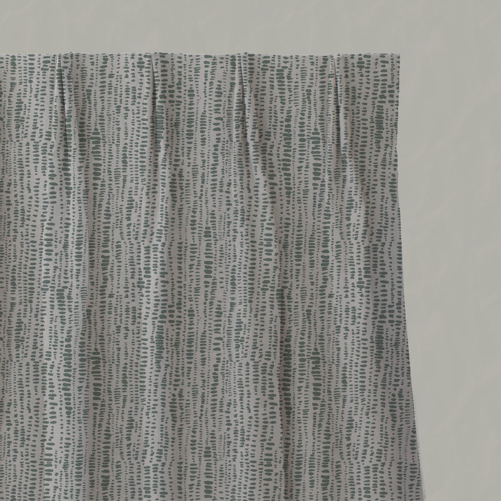 Green Patterned Linen Pleated Curtains - Dora Sage - Natural base fabric.