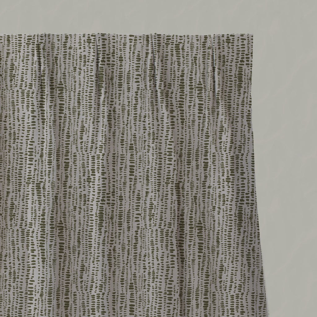 Green Patterned Linen Pleated Curtains - Dora Seaweed - Natural base fabric.