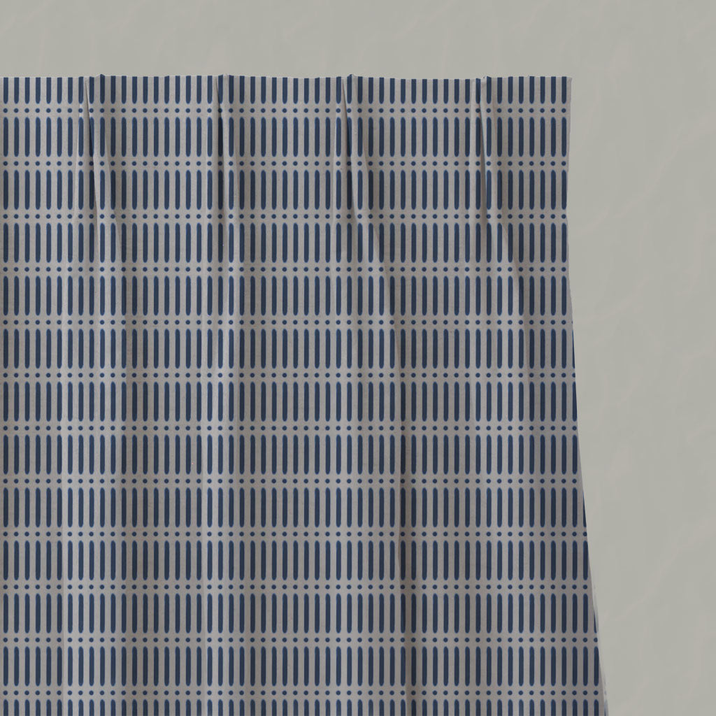 Blue Patterned Linen Pleated Curtains - Egenia Night Blue - Natural base fabric.