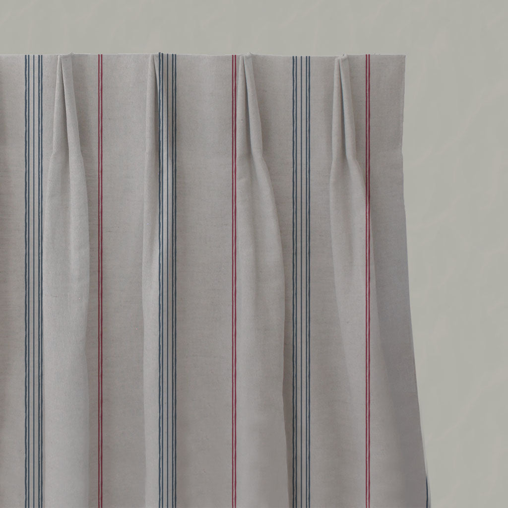 Red / Blue Striped Linen Pleated Curtains - Elise Denim Cherry - Natural base fabric.