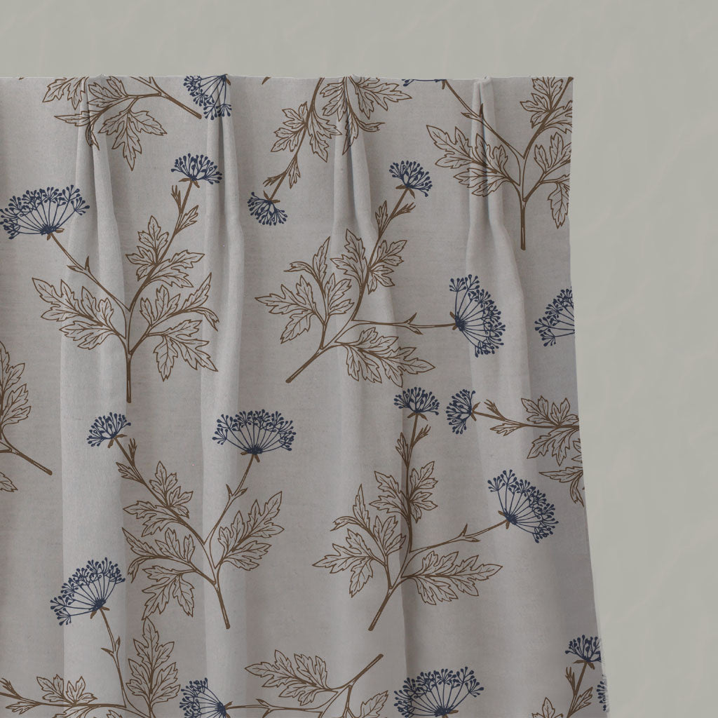 Blue / Brown Botanical Linen Pleated Curtains - Emmy Deep Blue - Natural base fabric.