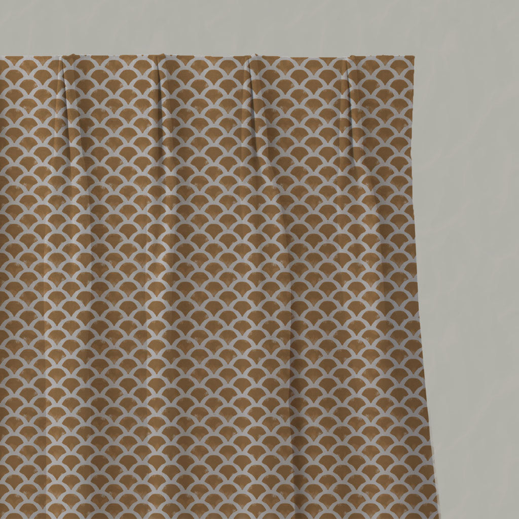 Orange / Yellow Patterned Linen Pleated Curtains - Erle Gold Ochre - Natural base fabric.
