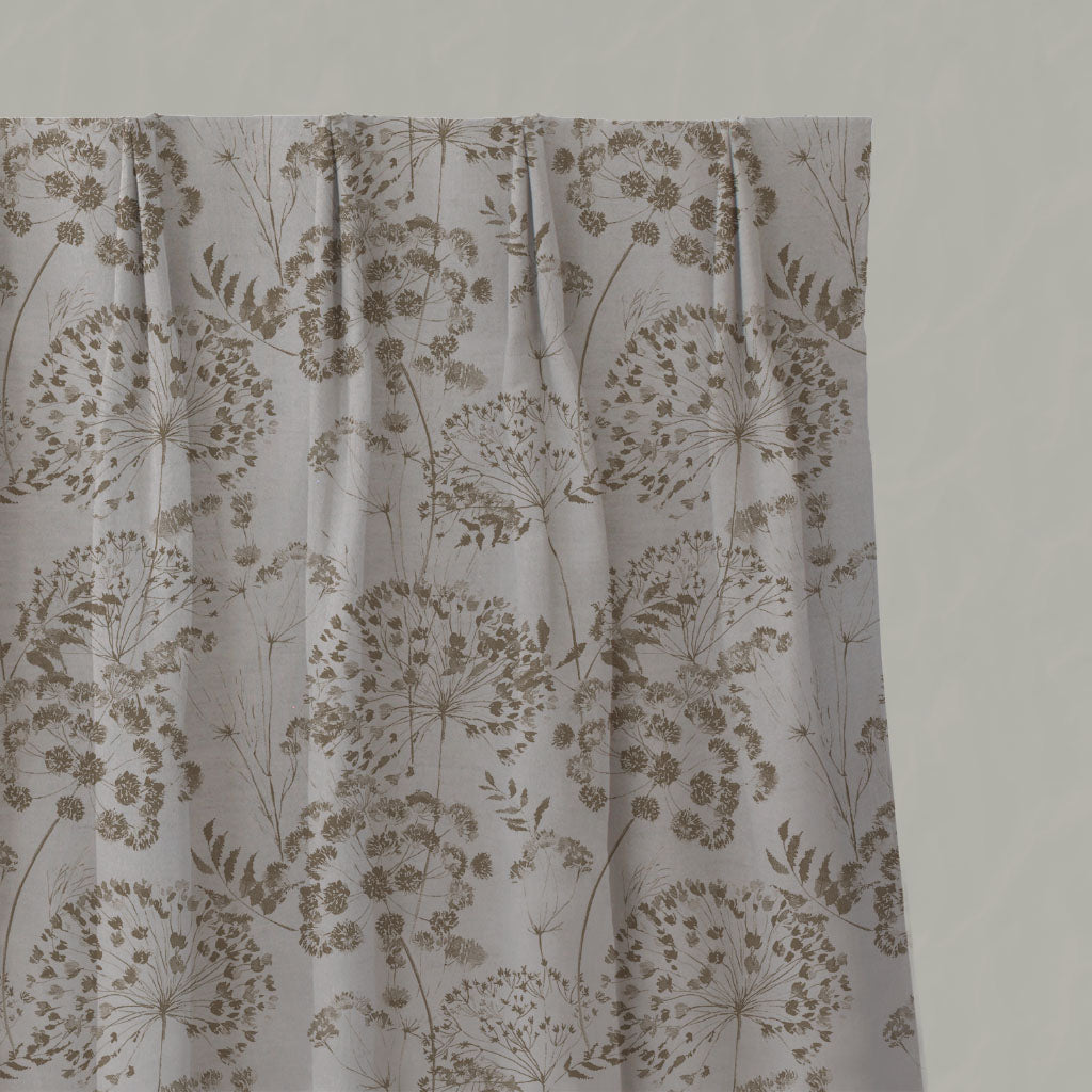 Brown Floral Linen Pleated Curtains - Erleen Nat Sand - Natural base fabric.
