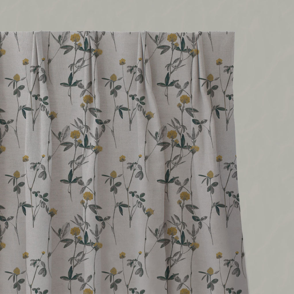Yellow Floral Linen Pleated Curtains - Esther Mustard - Natural base fabric.