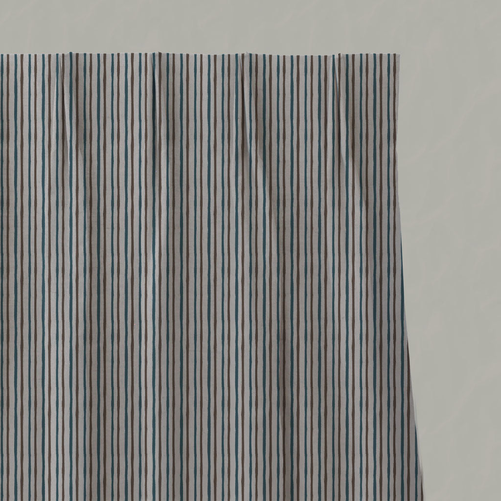 Blue / Brown Striped Linen Pleated Curtains - Evelina Blue Stone - Natural base fabric.