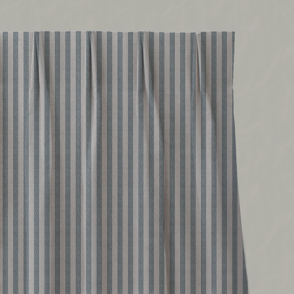 Blue Striped Linen Pleated Curtains - Evianne Blue Stone - Natural base fabric.