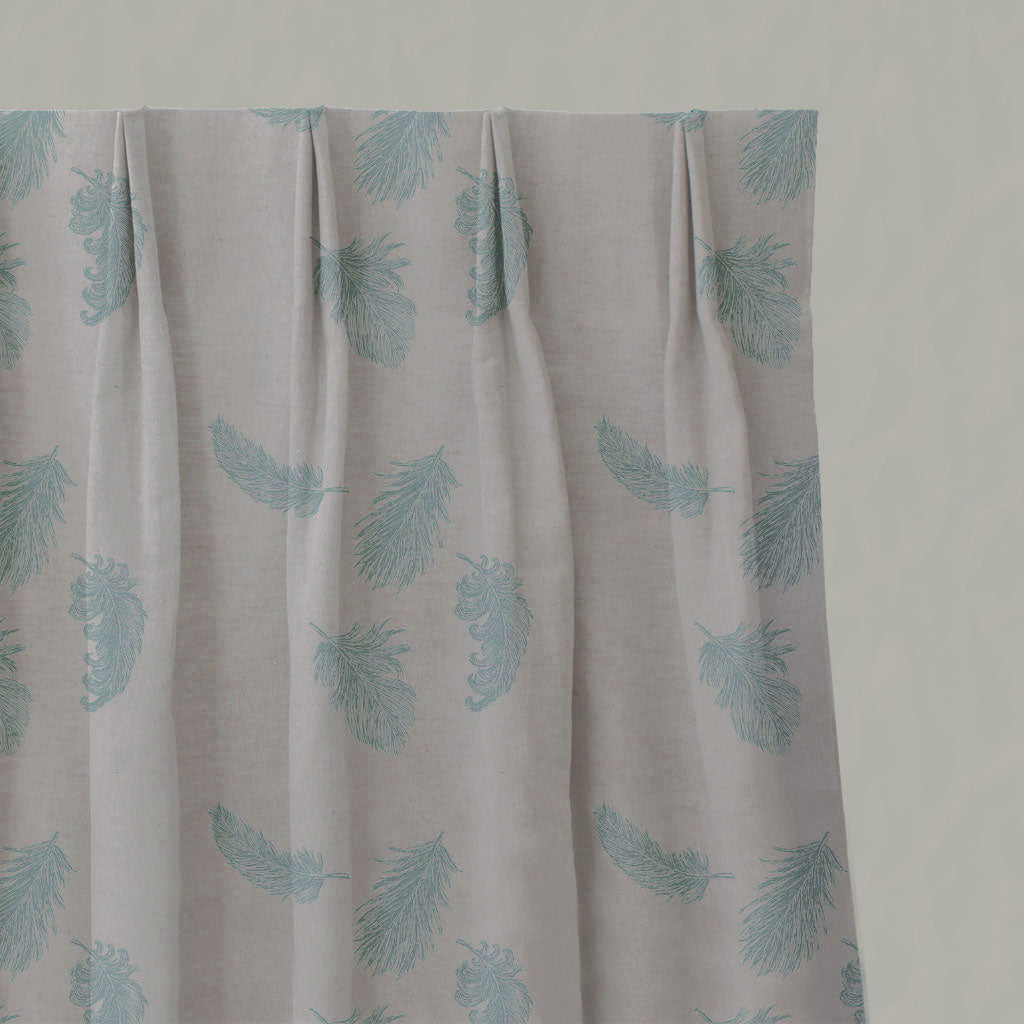 Blue Patterned Linen Pleated Curtains - Feathers Duckegg - Natural base fabric.
