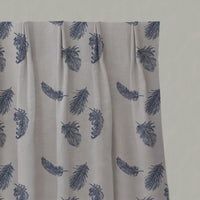 Blue Patterned Linen Pleated Curtains - Feathers Night Blue - Natural base fabric.