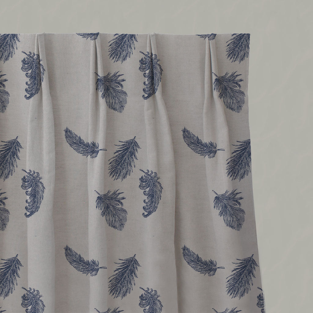 Blue Patterned Linen Pleated Curtains - Feathers Night Blue - Natural base fabric.