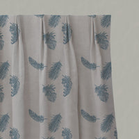 Blue Patterned Linen Pleated Curtains - Feathers True Blue - Natural base fabric.