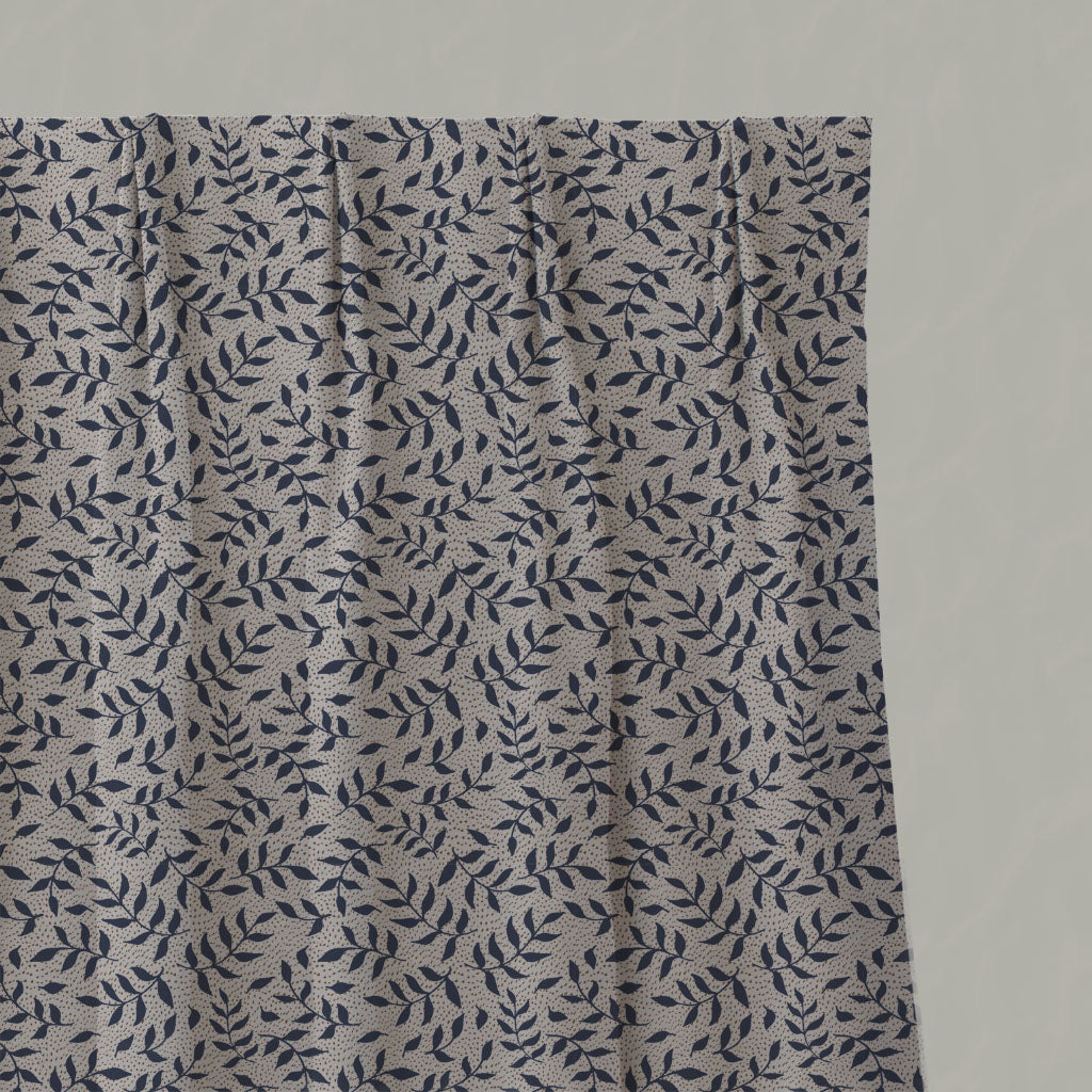 Blue Botanical Linen Pleated Curtains - Fita Deep Blue - Natural base fabric.