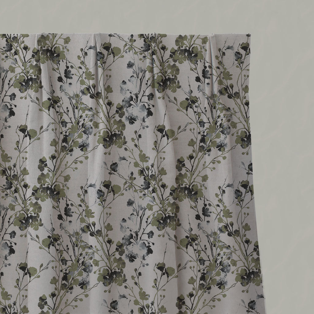 Green Floral Linen Pleated Curtains - FlowerBliss Olive - Natural base fabric.