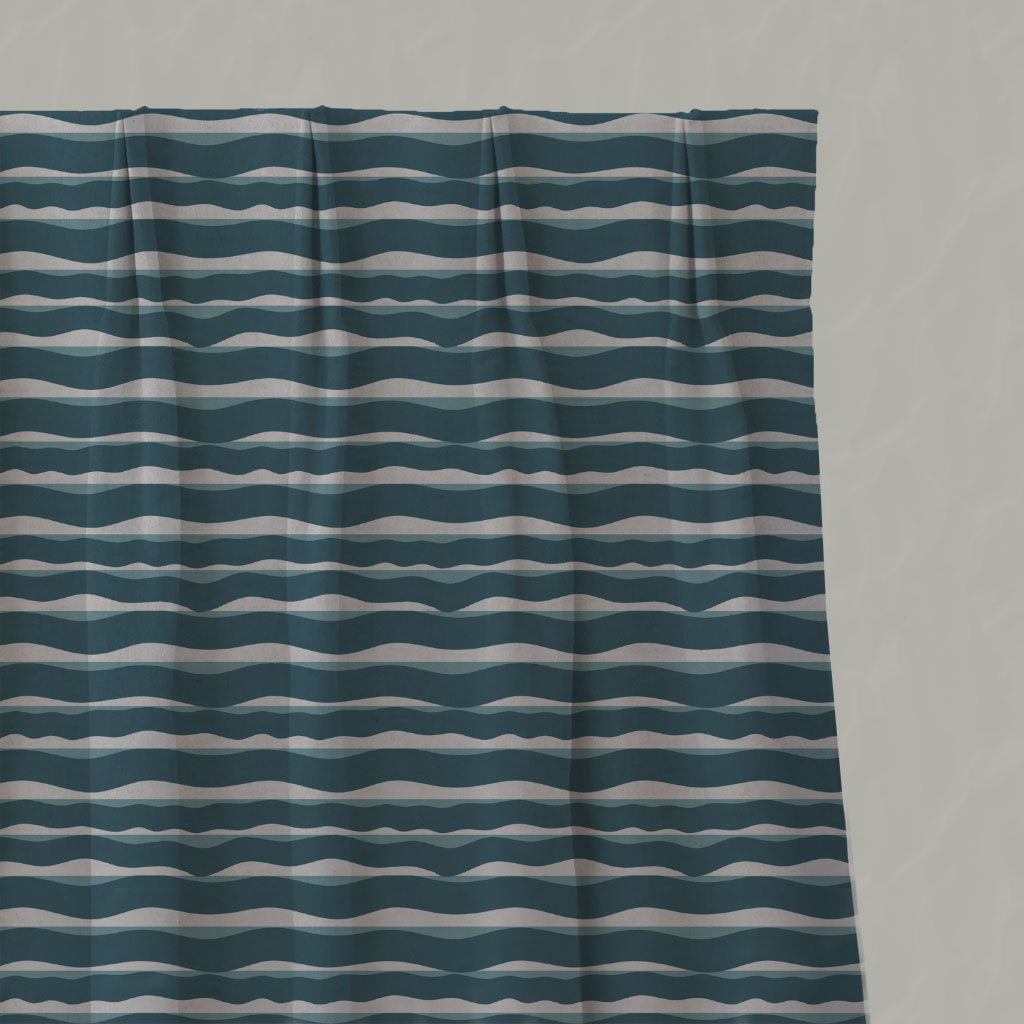 Blue Patterned Linen Pleated Curtains - Fransibella Blue Stone-NAT - Natural base fabric.