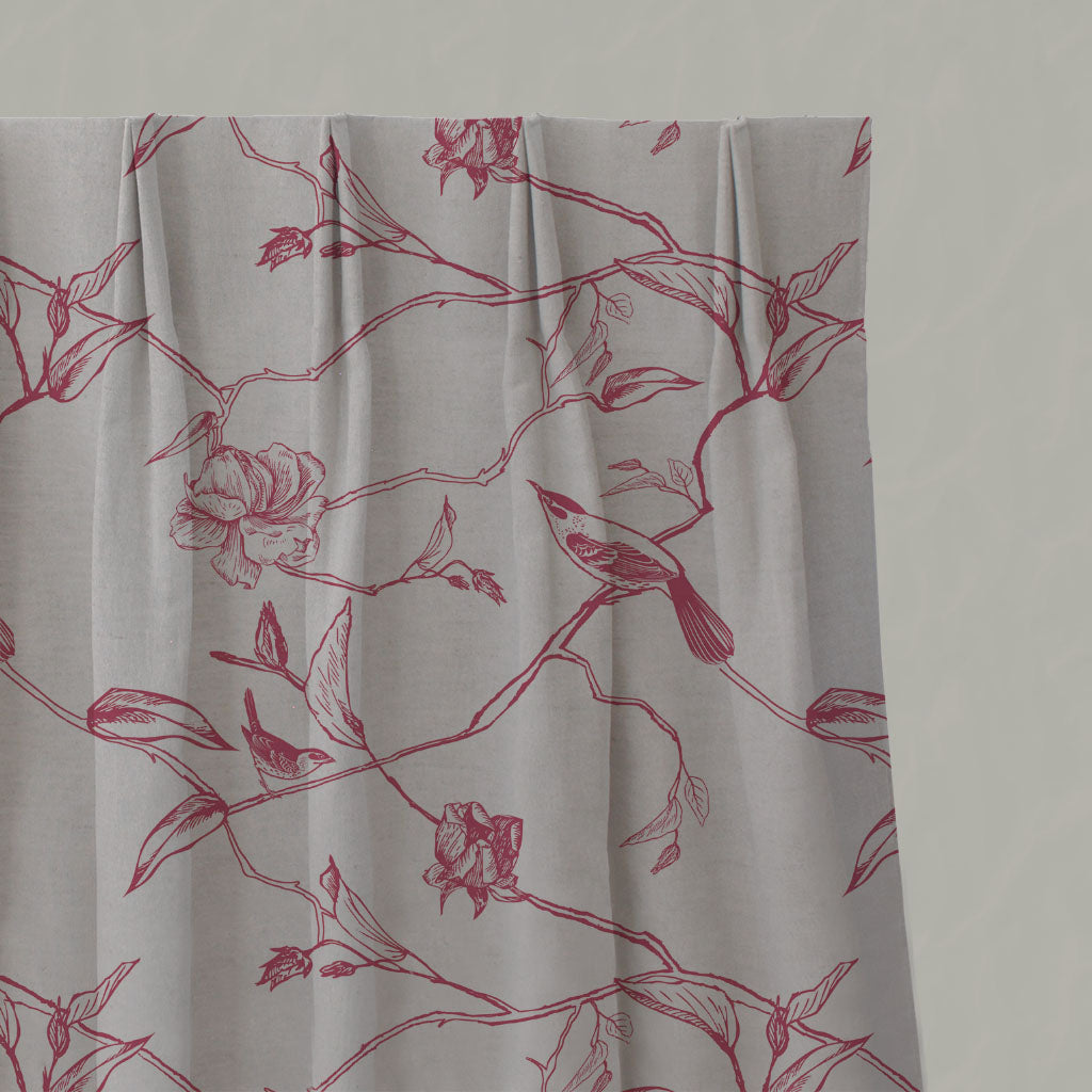 Red Floral Linen Pleated Curtains - Gardenia Cherry - Natural base fabric.