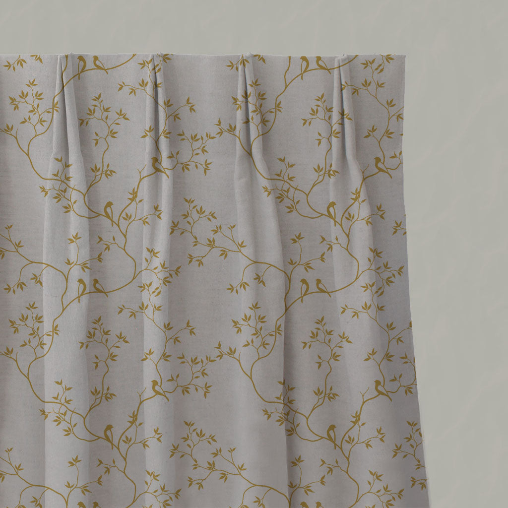 Yellow Botanical Linen Pleated Curtains - Goldfinch Mustard - Natural base fabric.