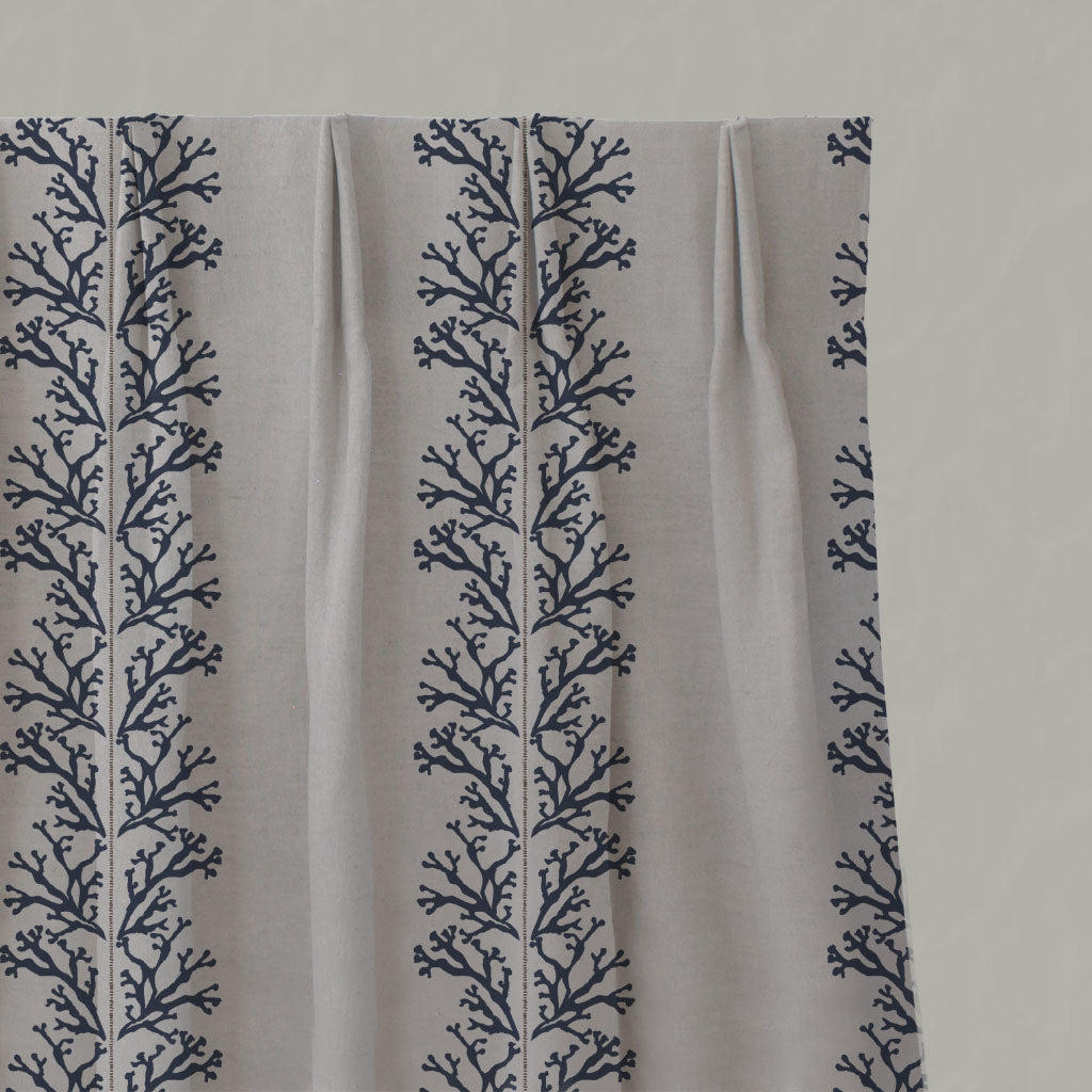 Blue Patterned Linen Pleated Curtains - Hensley Deep Blue - Natural base fabric.