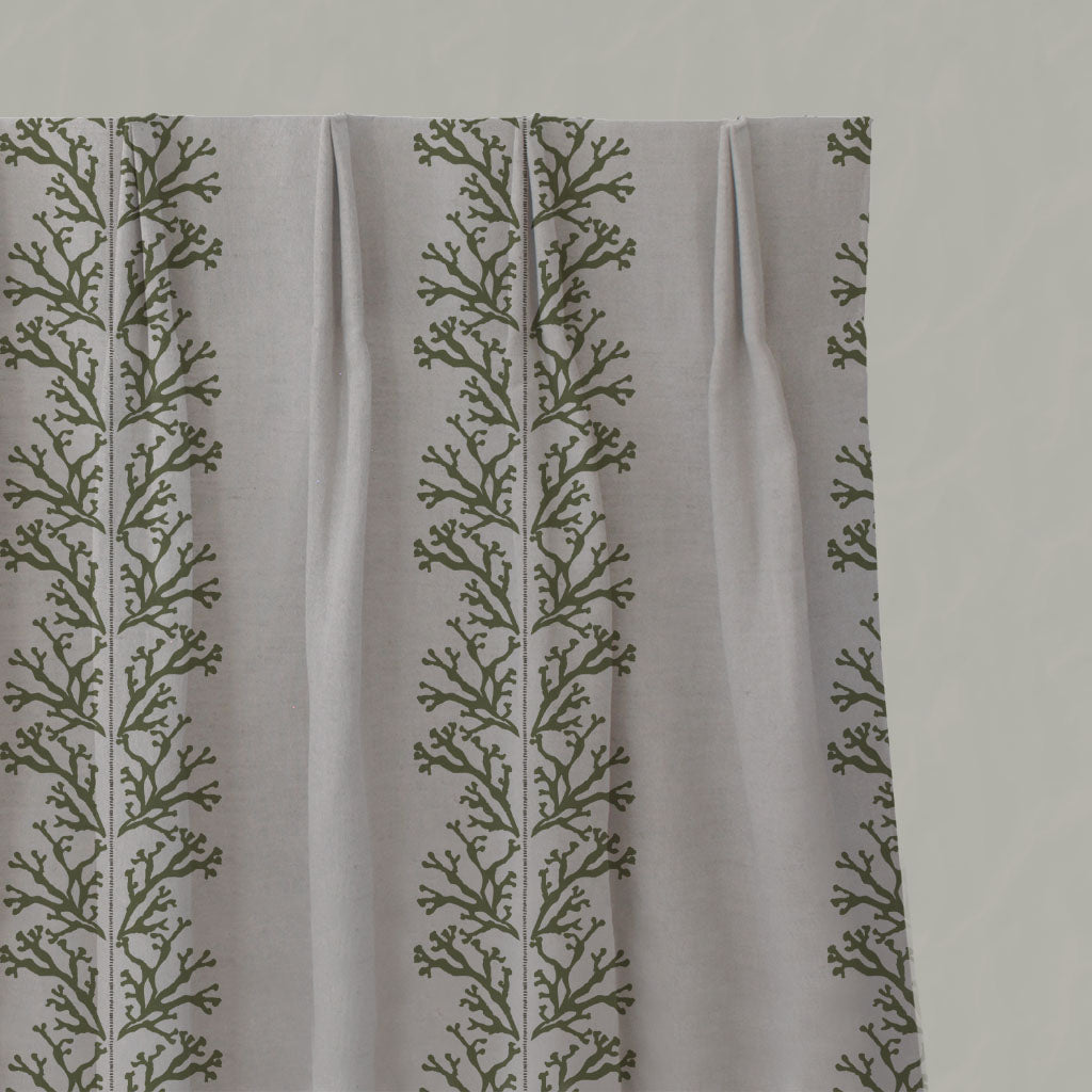 Green Patterned Linen Pleated Curtains - Hensley Khaki - Natural base fabric.