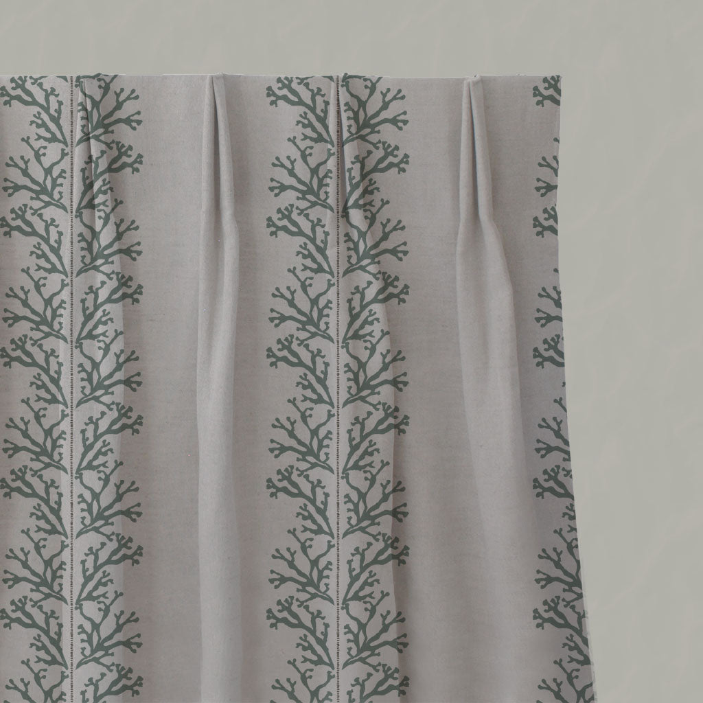 Green Patterned Linen Pleated Curtains - Hensley Sage - Natural base fabric.