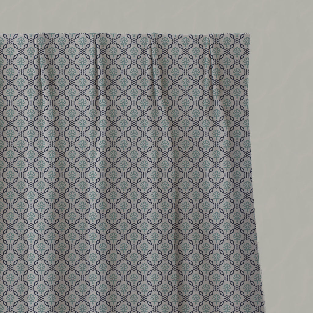 Blue Floral Linen Pleated Curtains - Hilla Blues - Natural base fabric.
