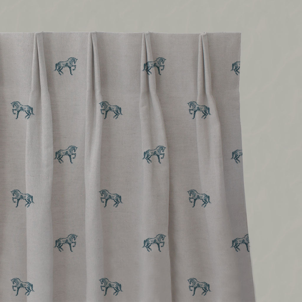 Blue Kids Linen Pleated Curtains - Horse Blue Stone - Natural base fabric.