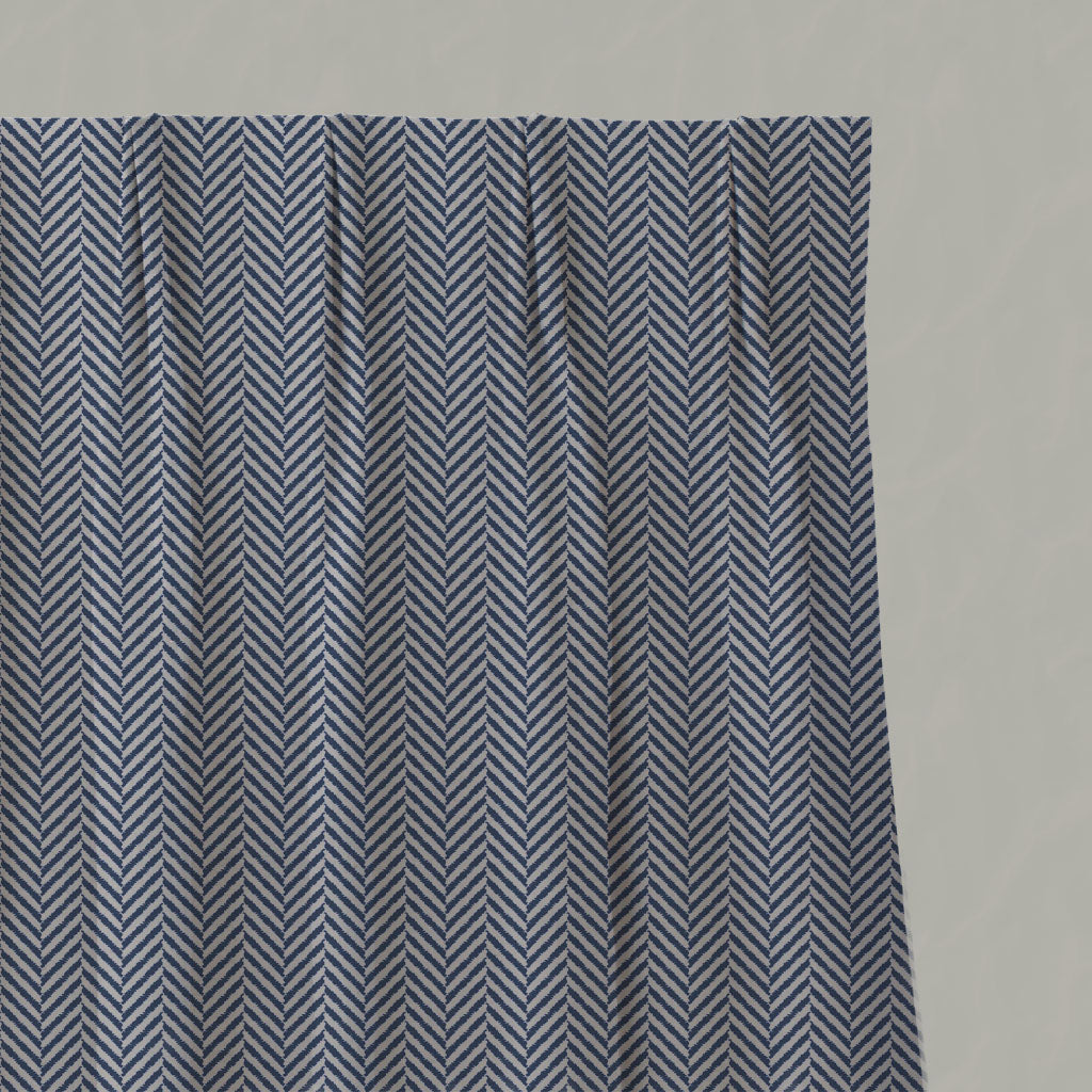 Blue Patterned Linen Pleated Curtains - Hugo Night Blue - Natural base fabric.