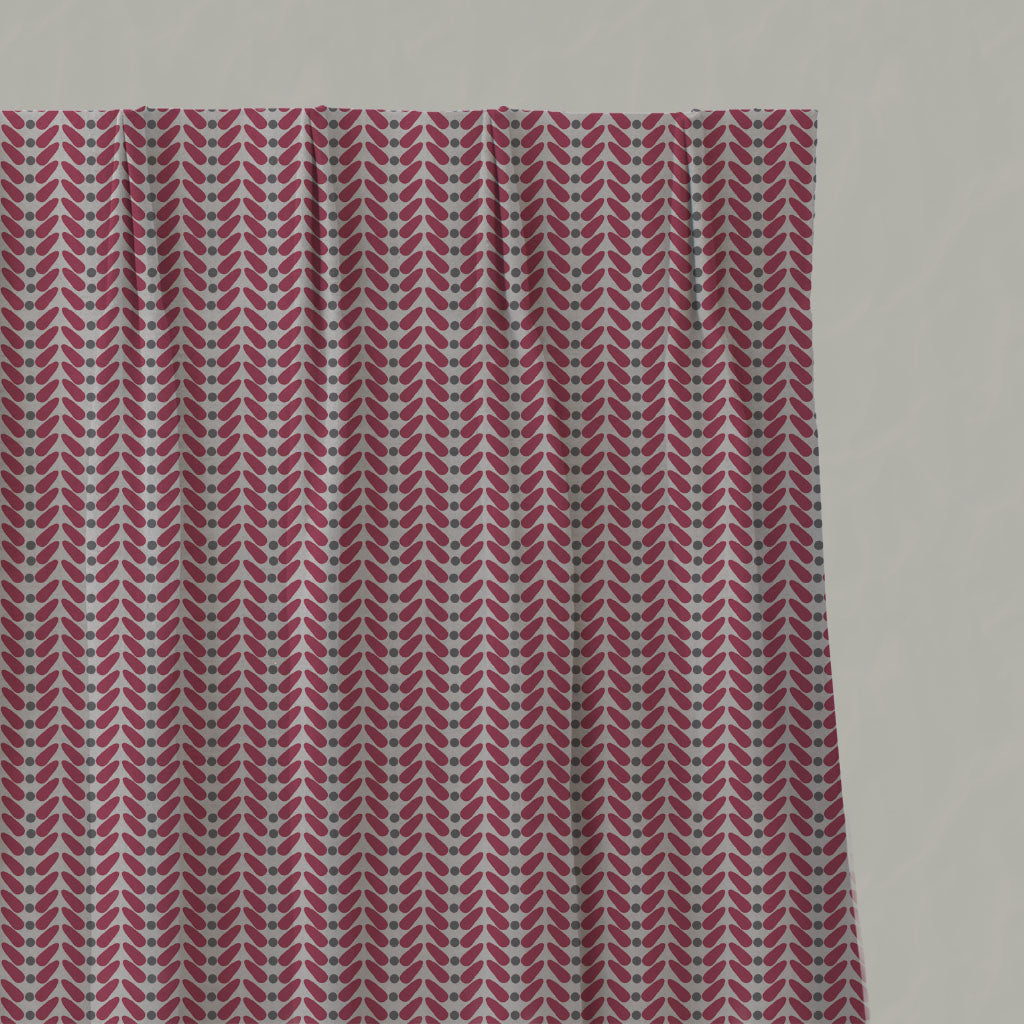 Red Patterned Linen Pleated Curtains - Hulda Cherry - Natural base fabric.