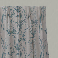 Blue Floral Linen Pleated Curtains - Iida Marine - Natural base fabric.