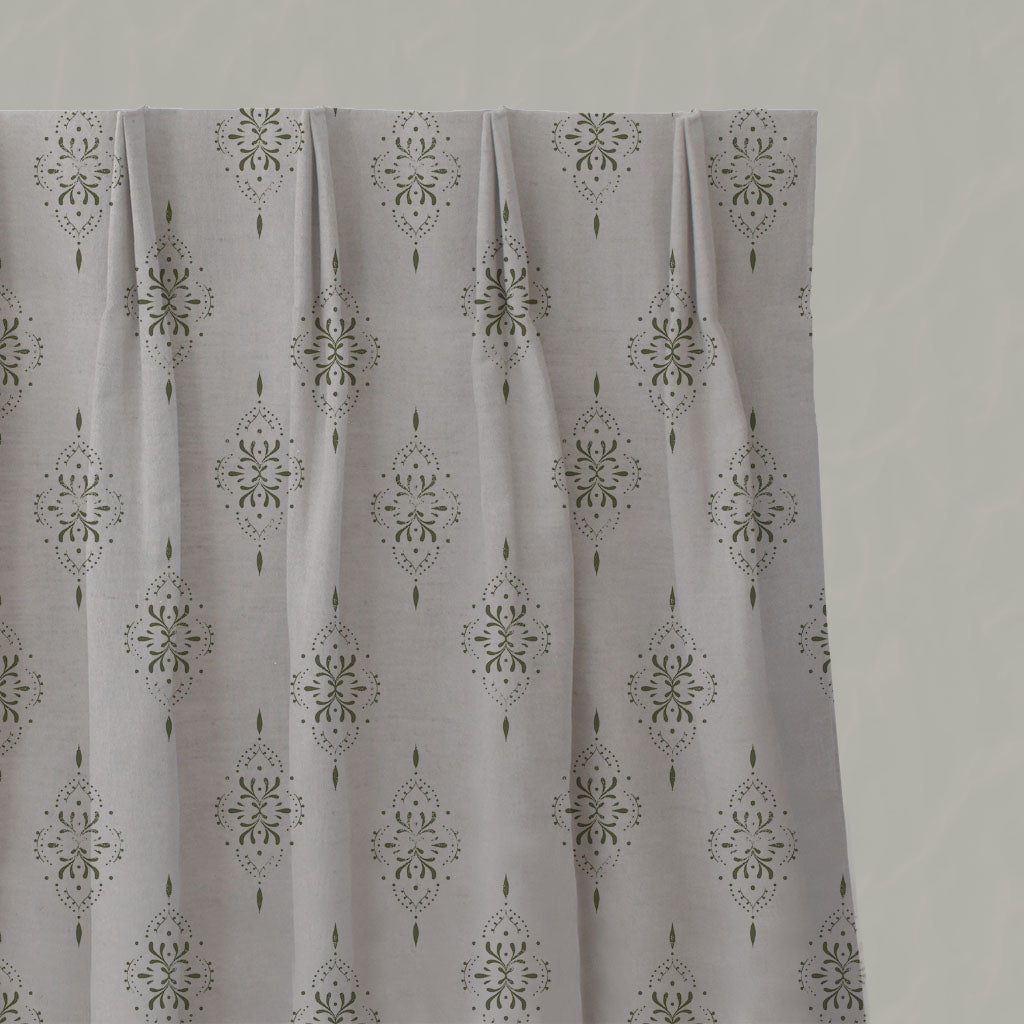 Green Patterned Linen Pleated Curtains - Iiris Khaki - Natural base fabric.