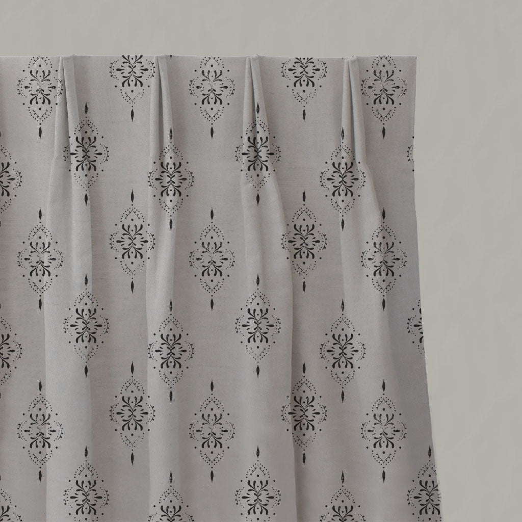 Black Patterned Linen Pleated Curtains - Iiris Noir - Natural base fabric.