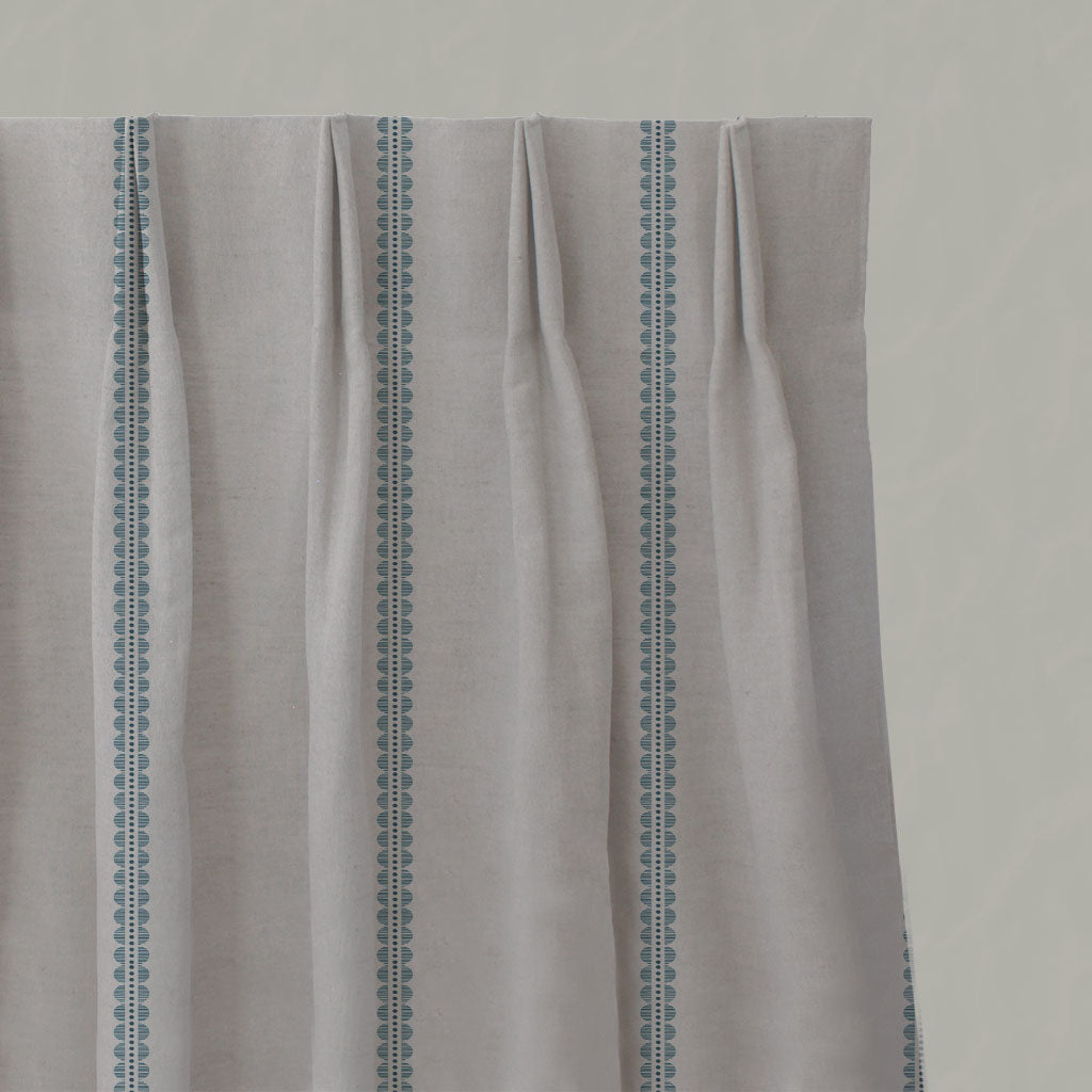 Blue Striped Linen Pleated Curtains - Imogen Blue Stone-NAT - Natural base fabric.