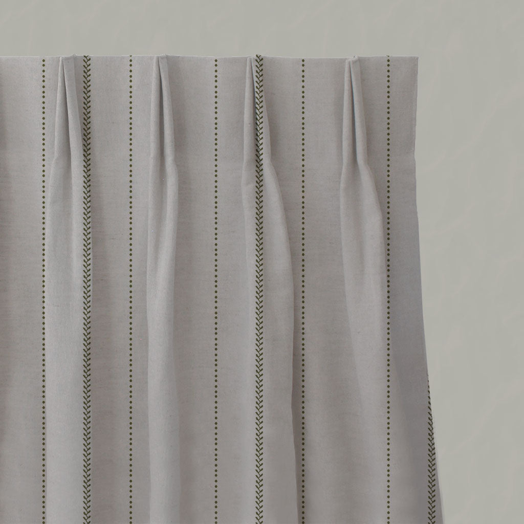 Green Striped Linen Pleated Curtains - Inari Seaweed - Natural base fabric.