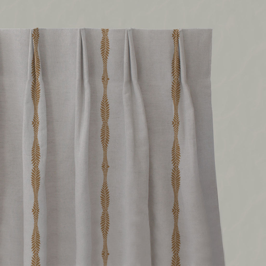 Orange / Yellow Patterned Linen Pleated Curtains - Irina Gold Ochre - Natural base fabric.