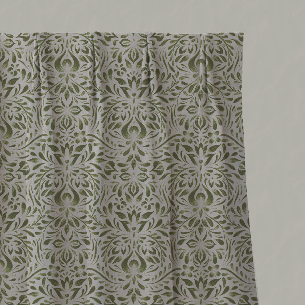Green Floral Linen Pleated Curtains - Jasmi Khaki - Natural base fabric.