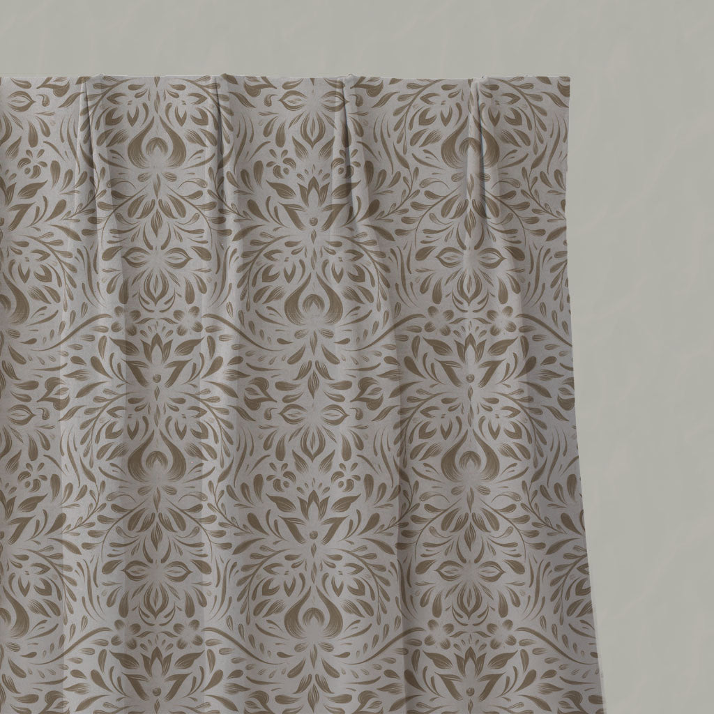 Brown Floral Linen Pleated Curtains - Jasmi Sand - Natural base fabric.