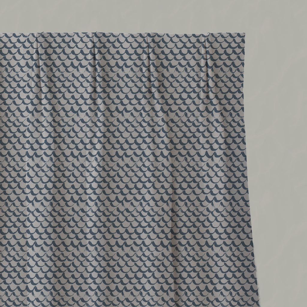 Blue Patterned Linen Pleated Curtains - Jenna Denim - Natural base fabric.