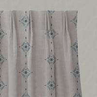 Blue Patterned Linen Pleated Curtains - Kaisley Blue Stone - Natural base fabric.