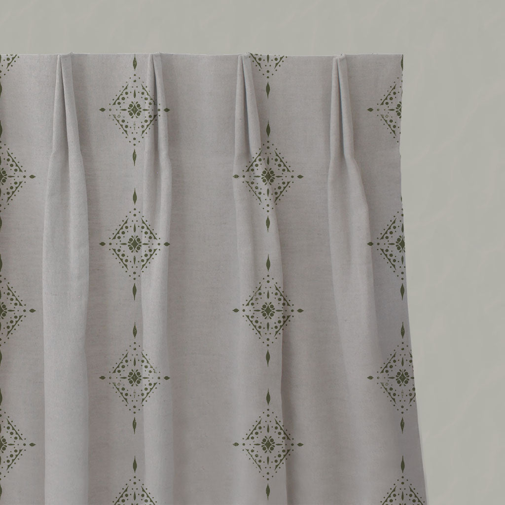 Green Patterned Linen Pleated Curtains - Kaisley Khaki - Natural base fabric.