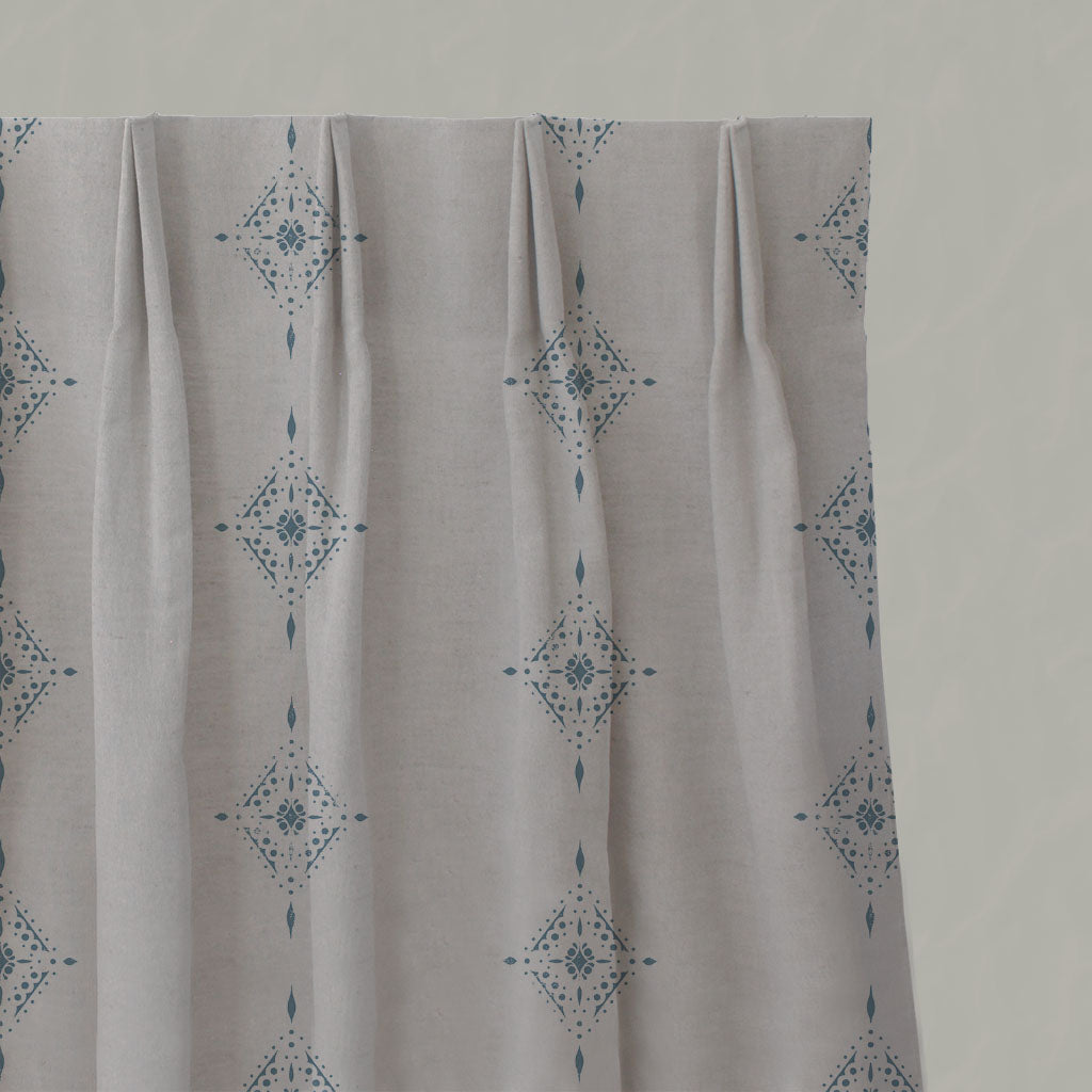 Blue Patterned Linen Pleated Curtains - Kaisley True Blue - Natural base fabric.