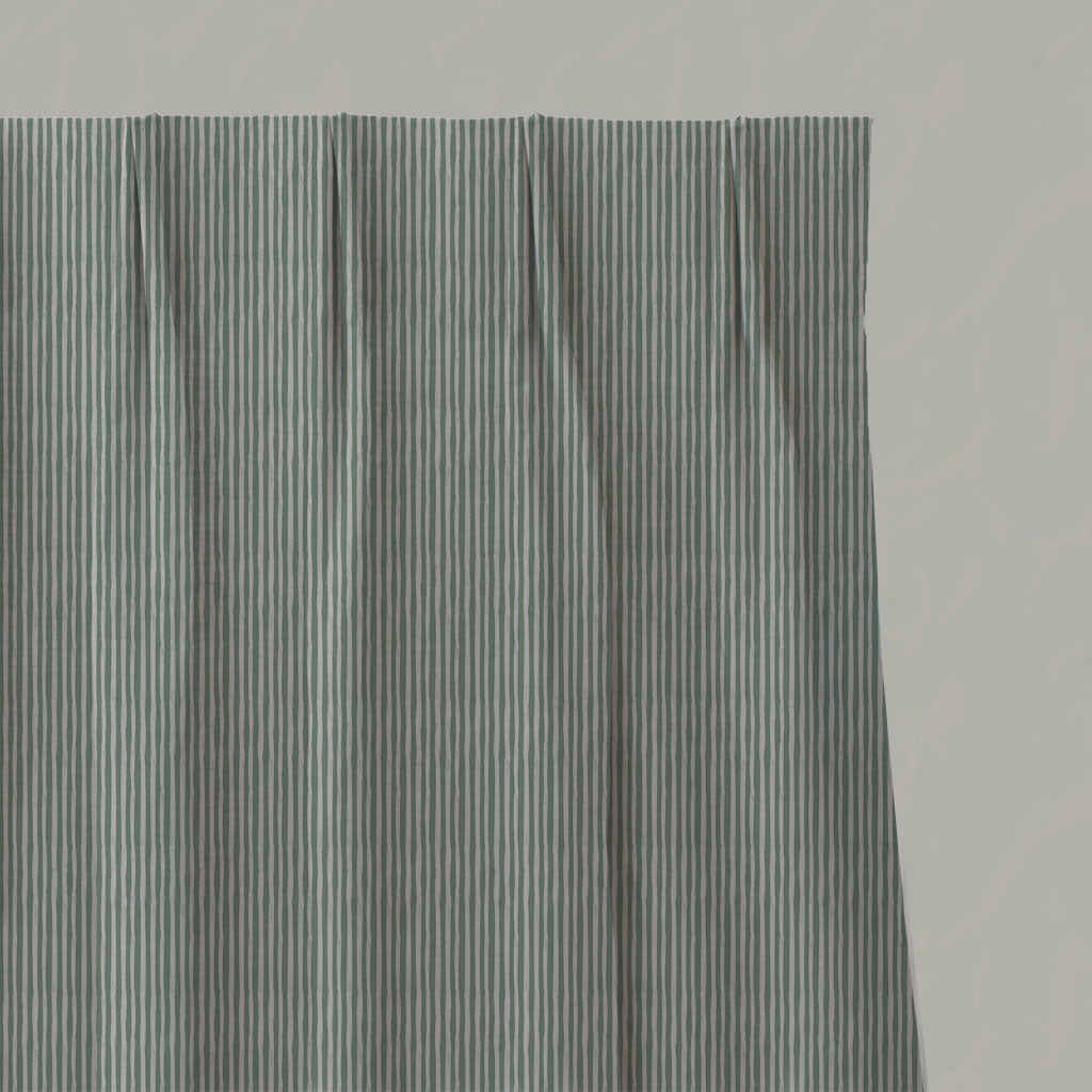 Green Striped Linen Pleated Curtains - Laila Jade Mist - Natural base fabric.