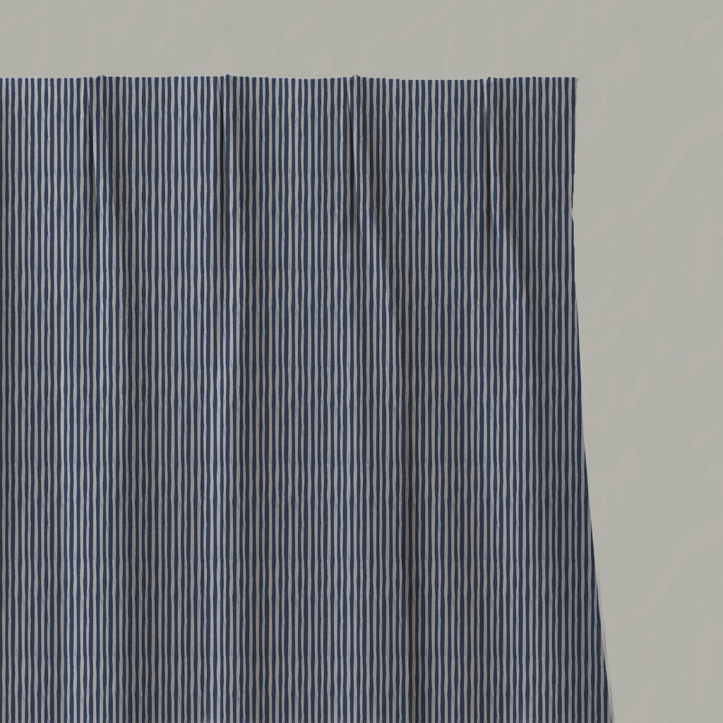 Blue Striped Linen Pleated Curtains - Laila Night Blue - Natural base fabric.