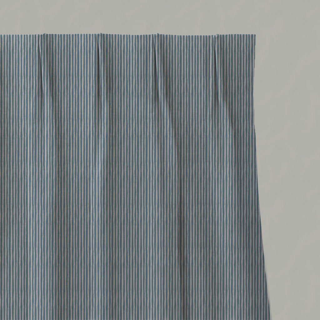 Blue Striped Linen Pleated Curtains - Laila True Blue - Natural base fabric.