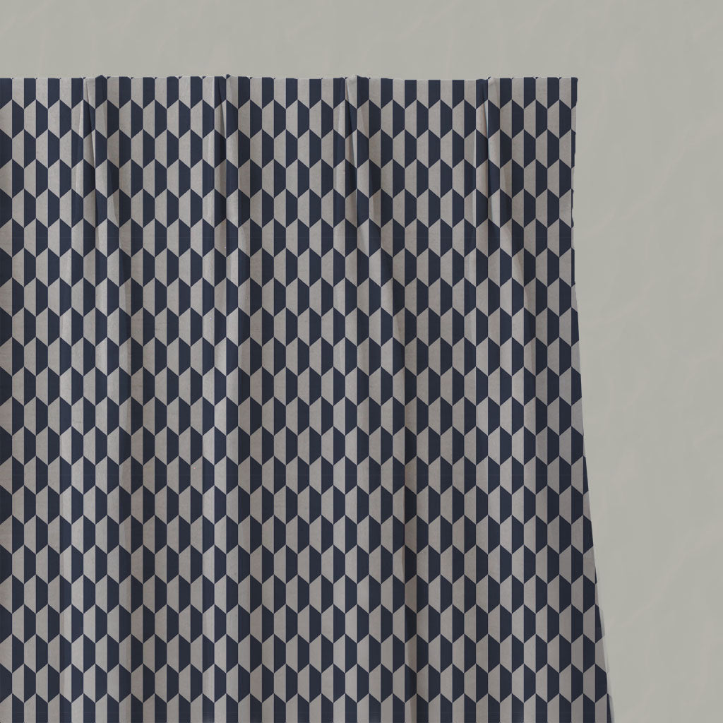 Blue Patterned Linen Pleated Curtains - Lana Deep Blue - Natural base fabric.