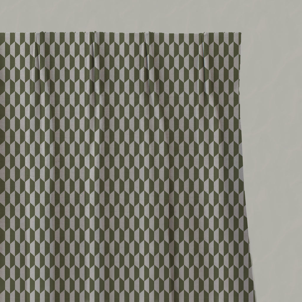 Green Patterned Linen Pleated Curtains - Lana Khaki - Natural base fabric.